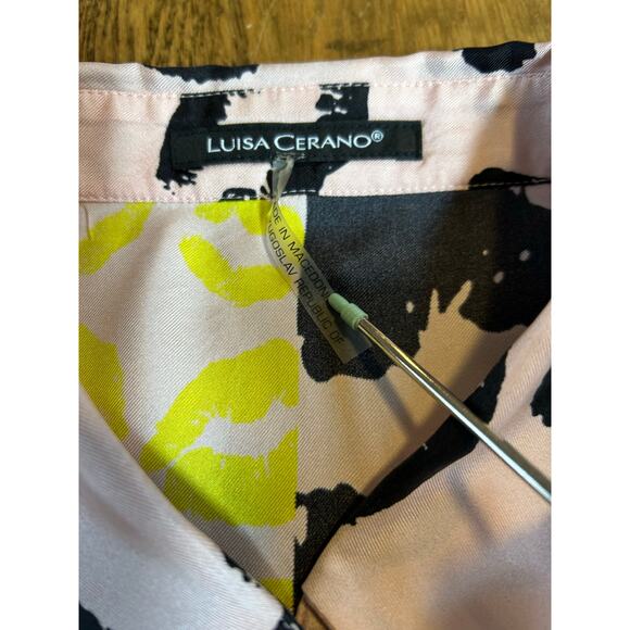Luisa Cerano 100% Silk Blouse Yellow Pink Stripe Black Lip Design Sz 14 Mob Wife - Picture 6 of 11